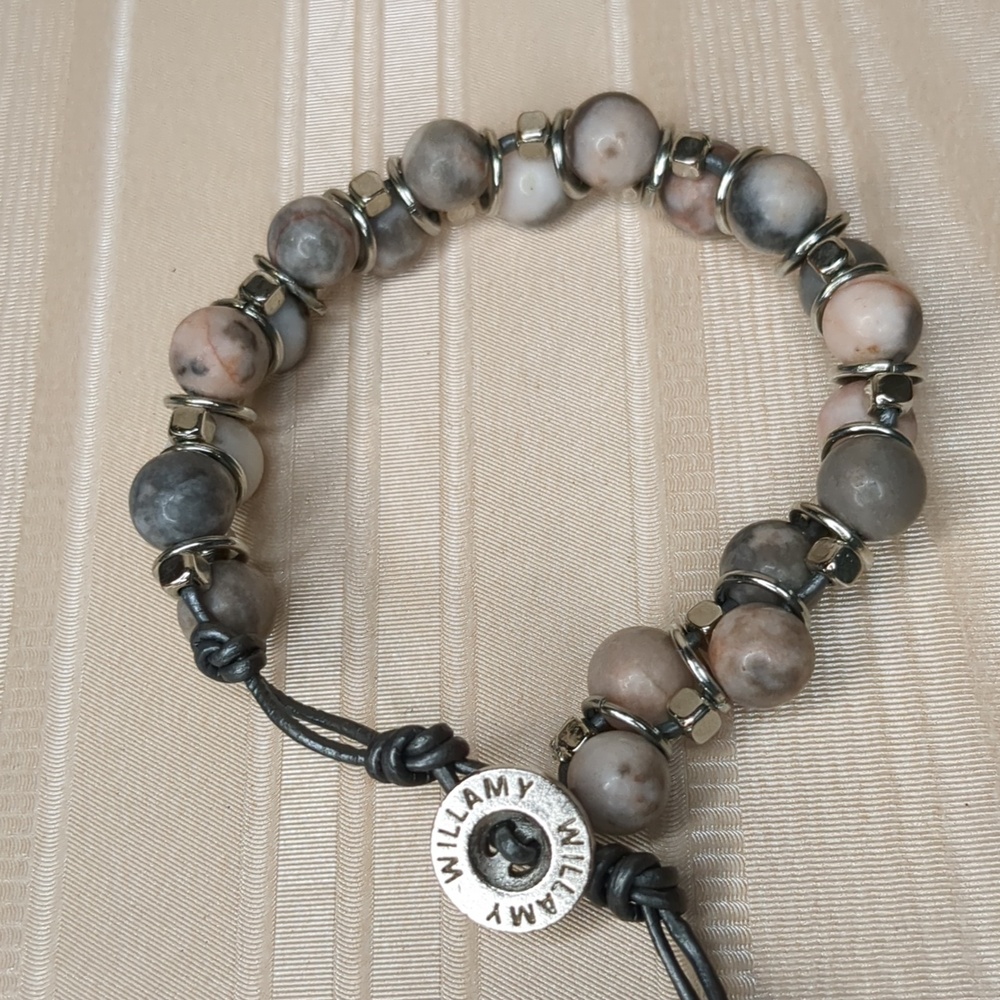 Vintage Boho Willamy Jasper Stone Bracelet Pink Grey Silver Size